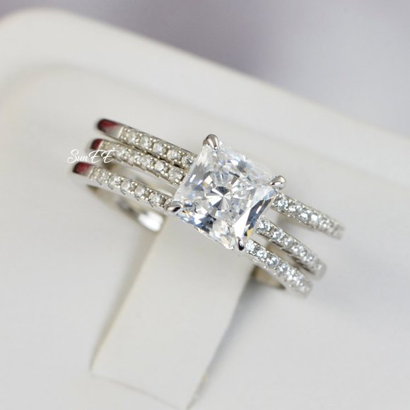 SunEE Jewelry - 14k WHITE GOLD 925 STERLING SILVER PRINCESS CUT WEDDING BAND ENGAGEMENT RING